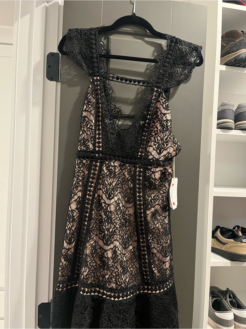 L'ATISTE Black Lace with Nude Slip Evening Dress